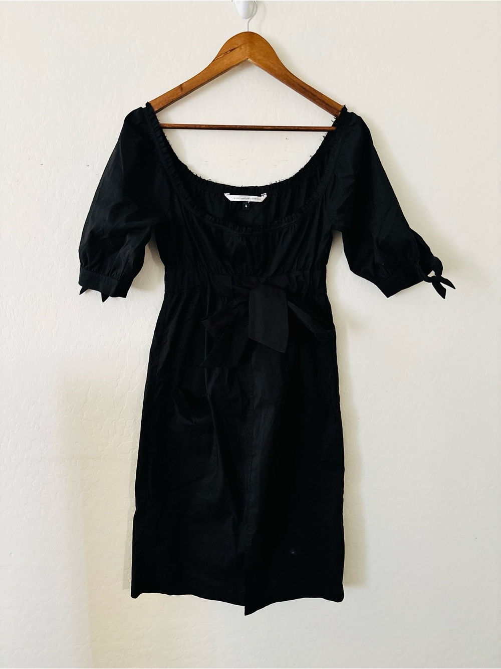 Diane von Furstenberg Black Cotton Blend Dress Size 4 Puff Sleeve Tie Waist Midi
